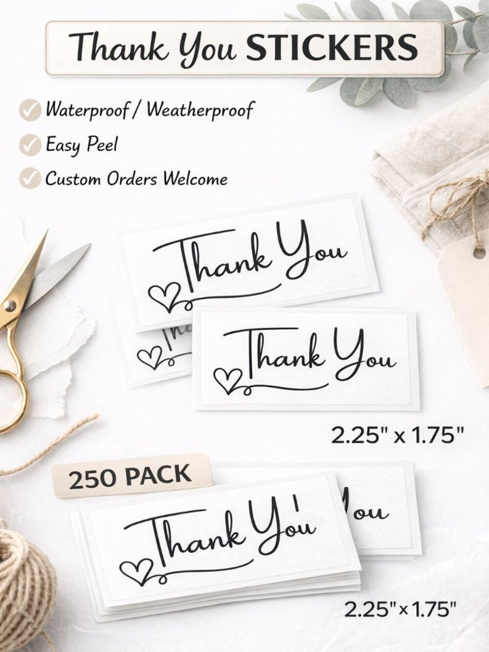 250 White Thank You Stickers Rectangle 2.25x1.75 Small Business Packaging Labels